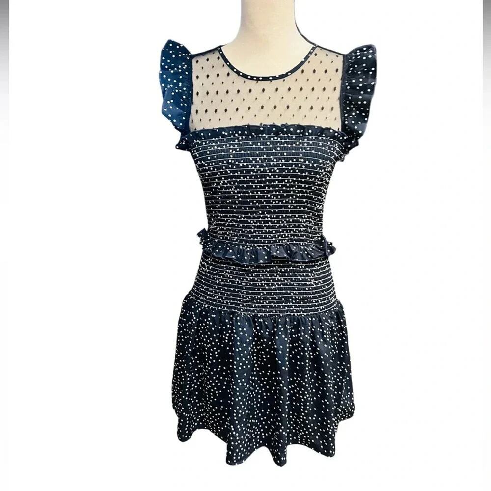Aqua Tiered Polka Dot Mini Dress Navy/White Size M NWT